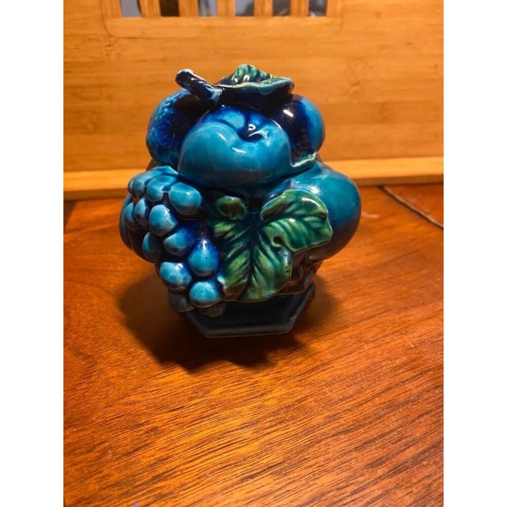 Inarco Blue Majolica Fruit Lidded Jelly Jar